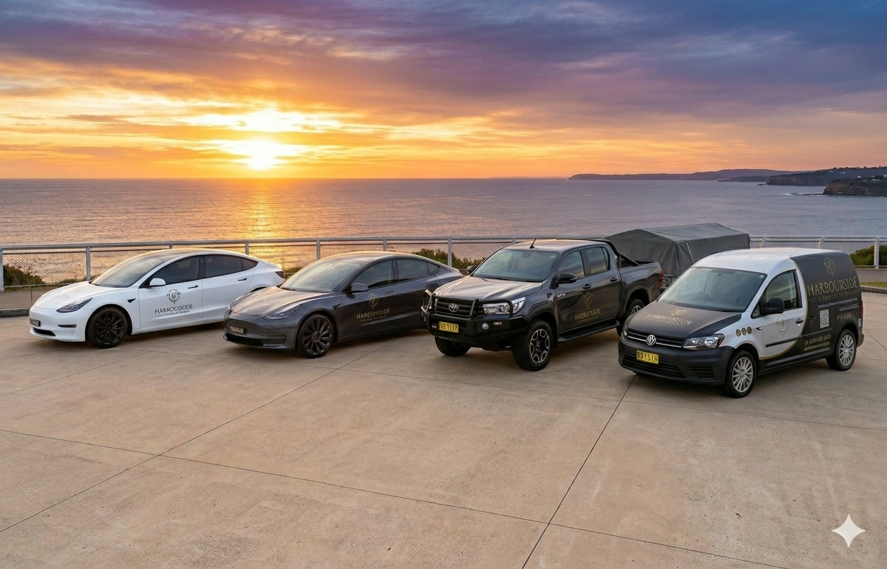 Harbourside Pet & Equine Cremations fleet — four branded vehicles at sunset by the harbour