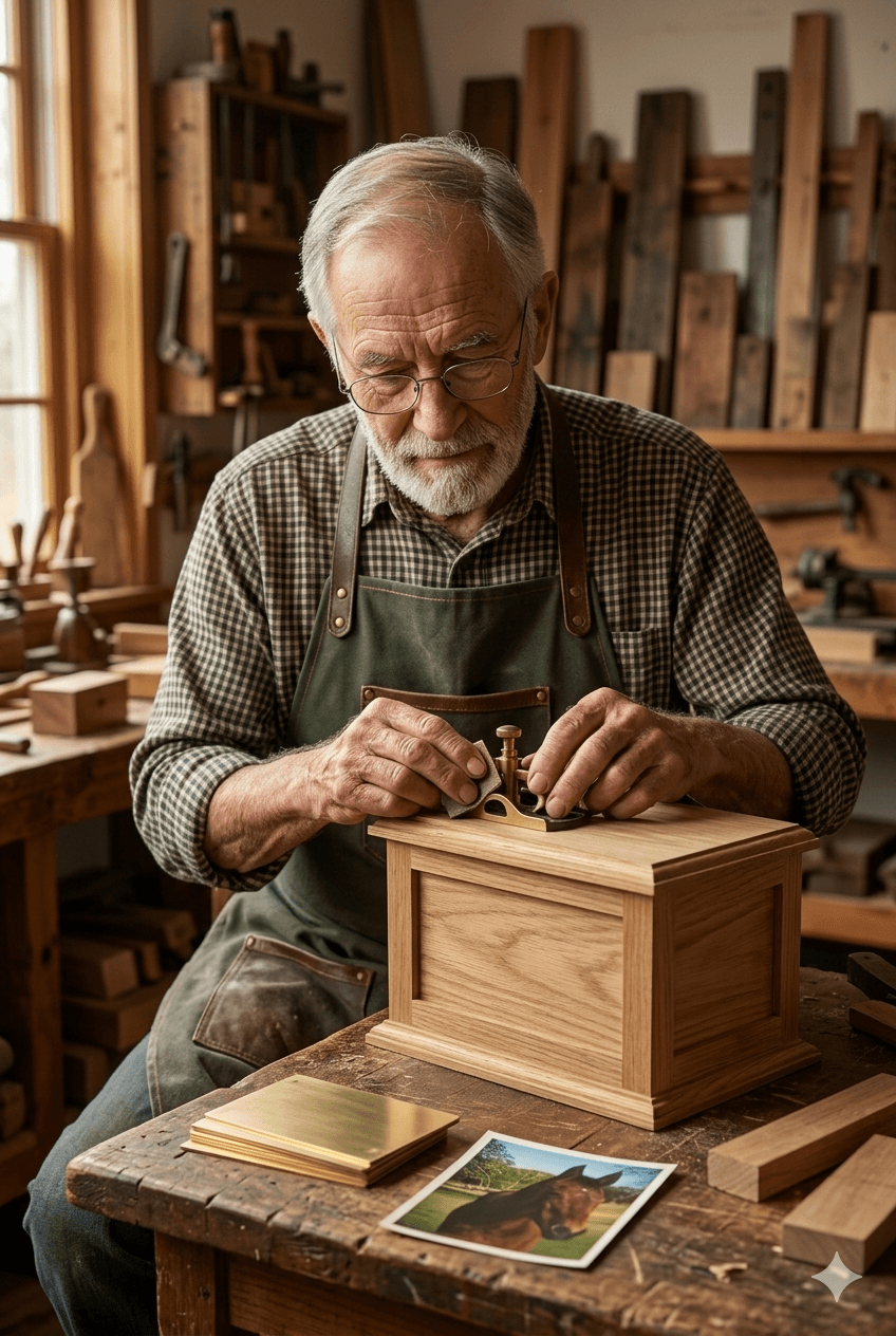 Craftsman hand-finishing a wooden equine urn in his workshop