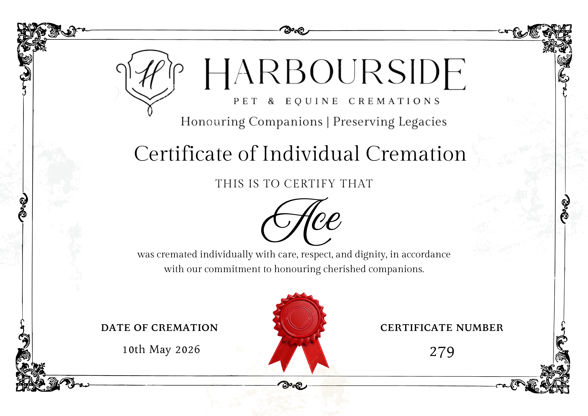 Sample Certificate of Individual Cremation issued by Harbourside, signed for every private cremation