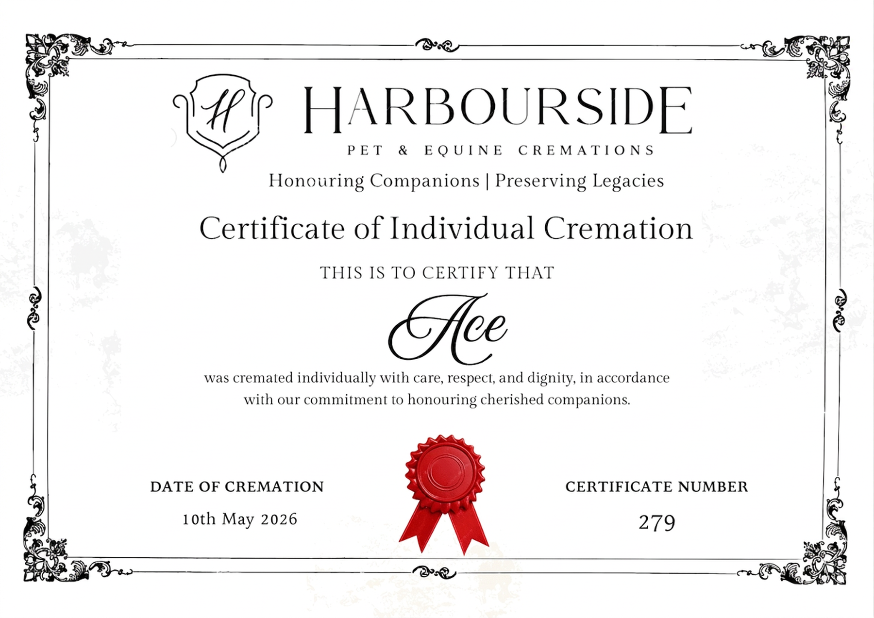 Sample Certificate of Individual Cremation issued by Harbourside, signed for every private cremation