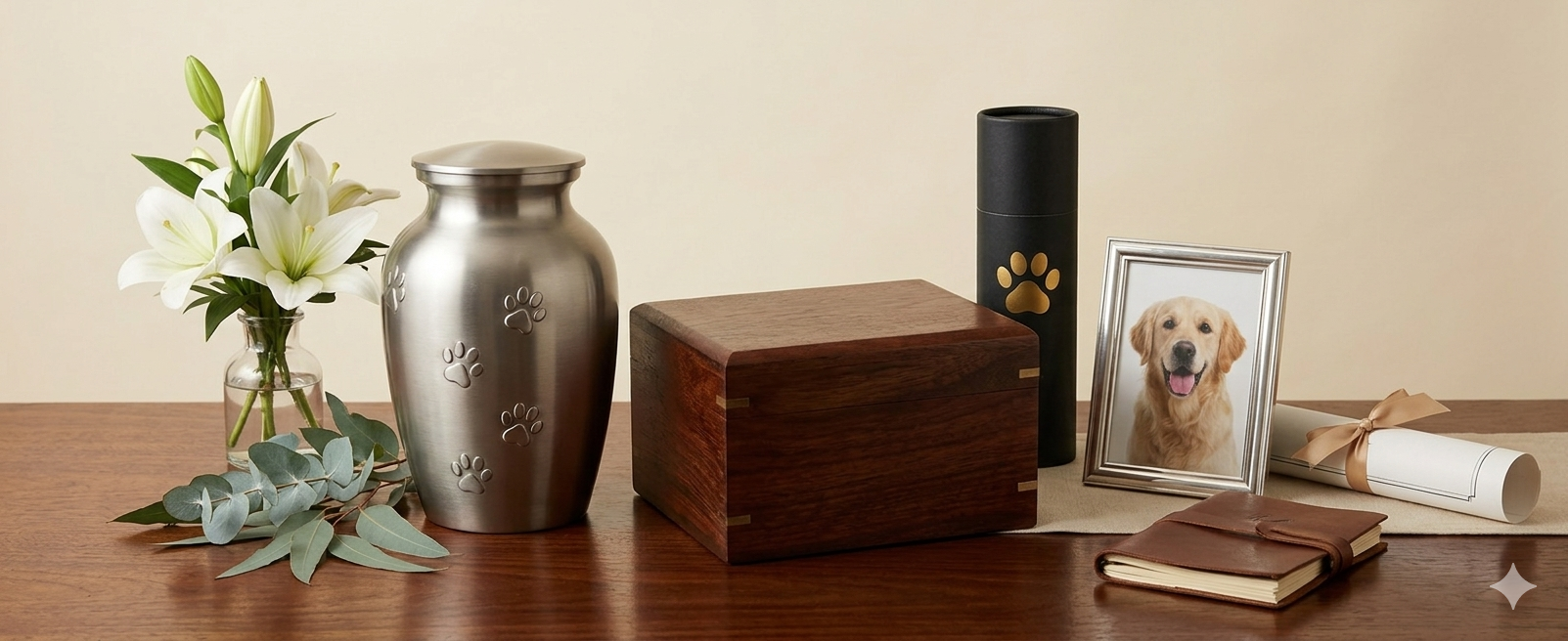 A selection of pet urns, keepsake box, scattering tube, framed photo and certificate displayed on a wooden table.