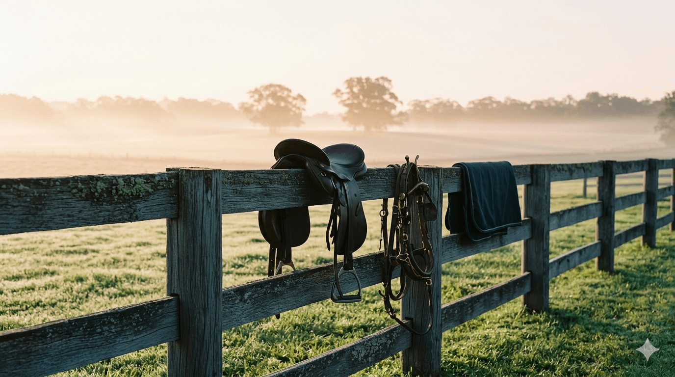 Saddle and bridle resting on a paddock fence at dawn