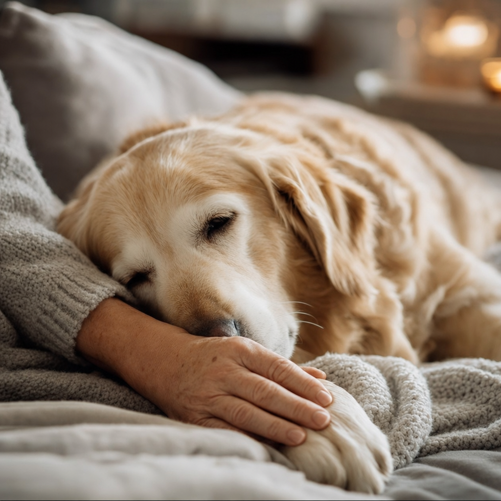 A hand resting gently on a sleeping golden dog