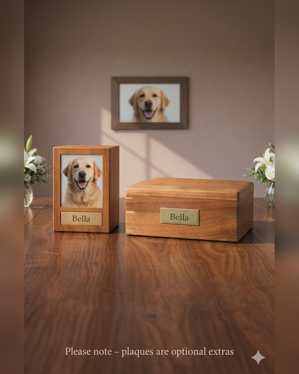 Brass-cornered hardwood box urn