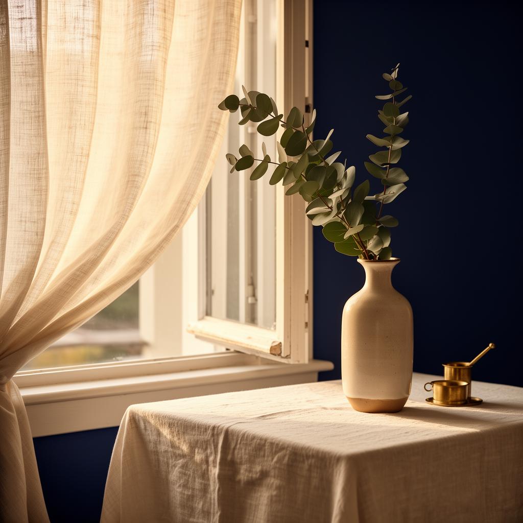 A ceramic vase with a single eucalyptus branch beside an open window with a sheer linen curtain
