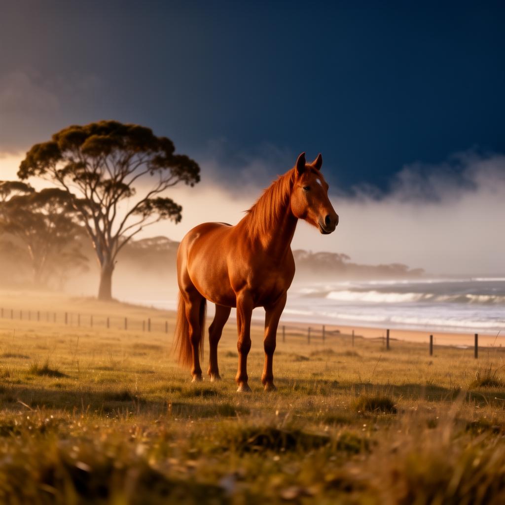 A chestnut horse standing quietly in a coastal paddock at golden hour