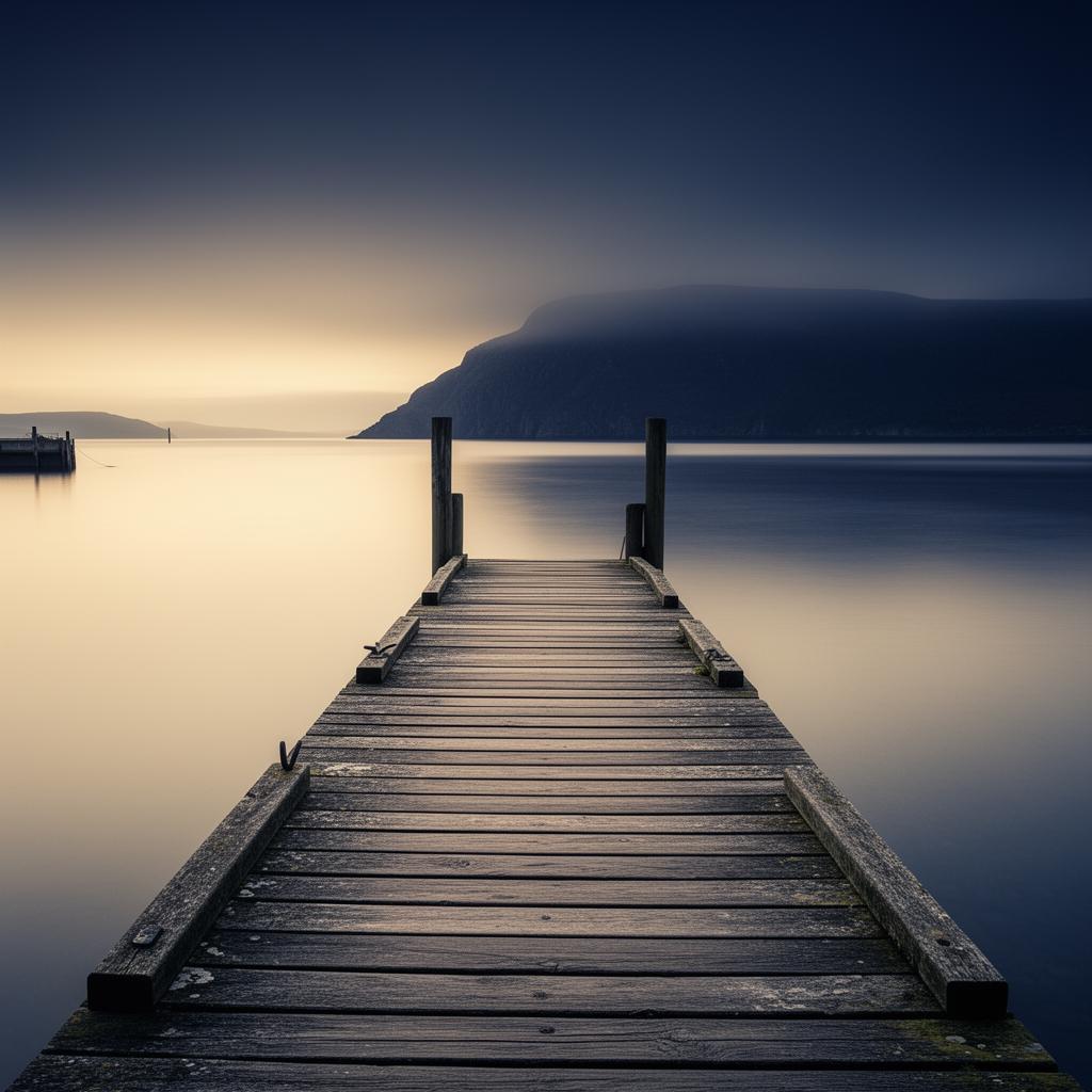 A quiet timber jetty extending into a calm harbour at dawn