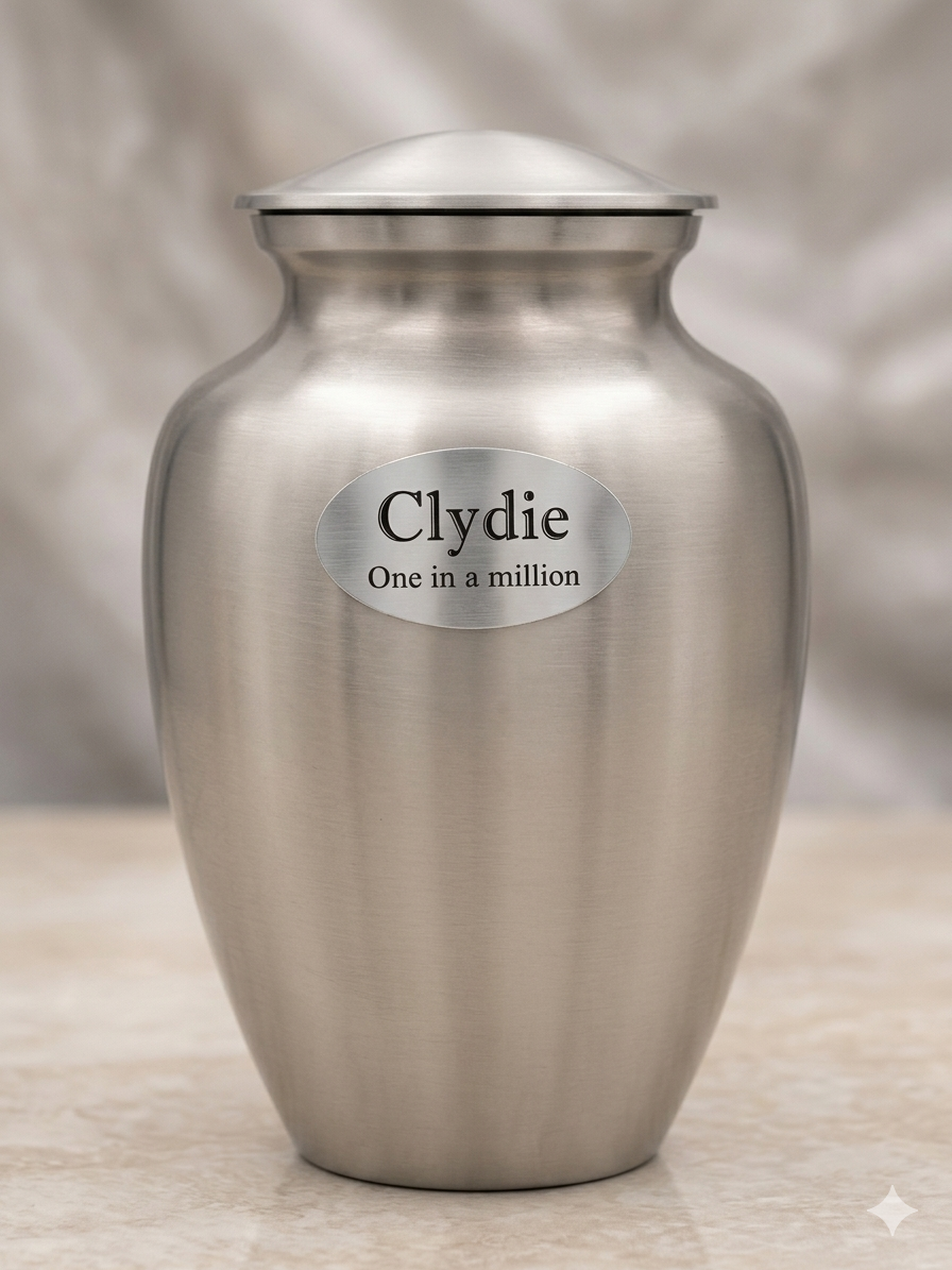 Oval engraved plaque on a pewter urn