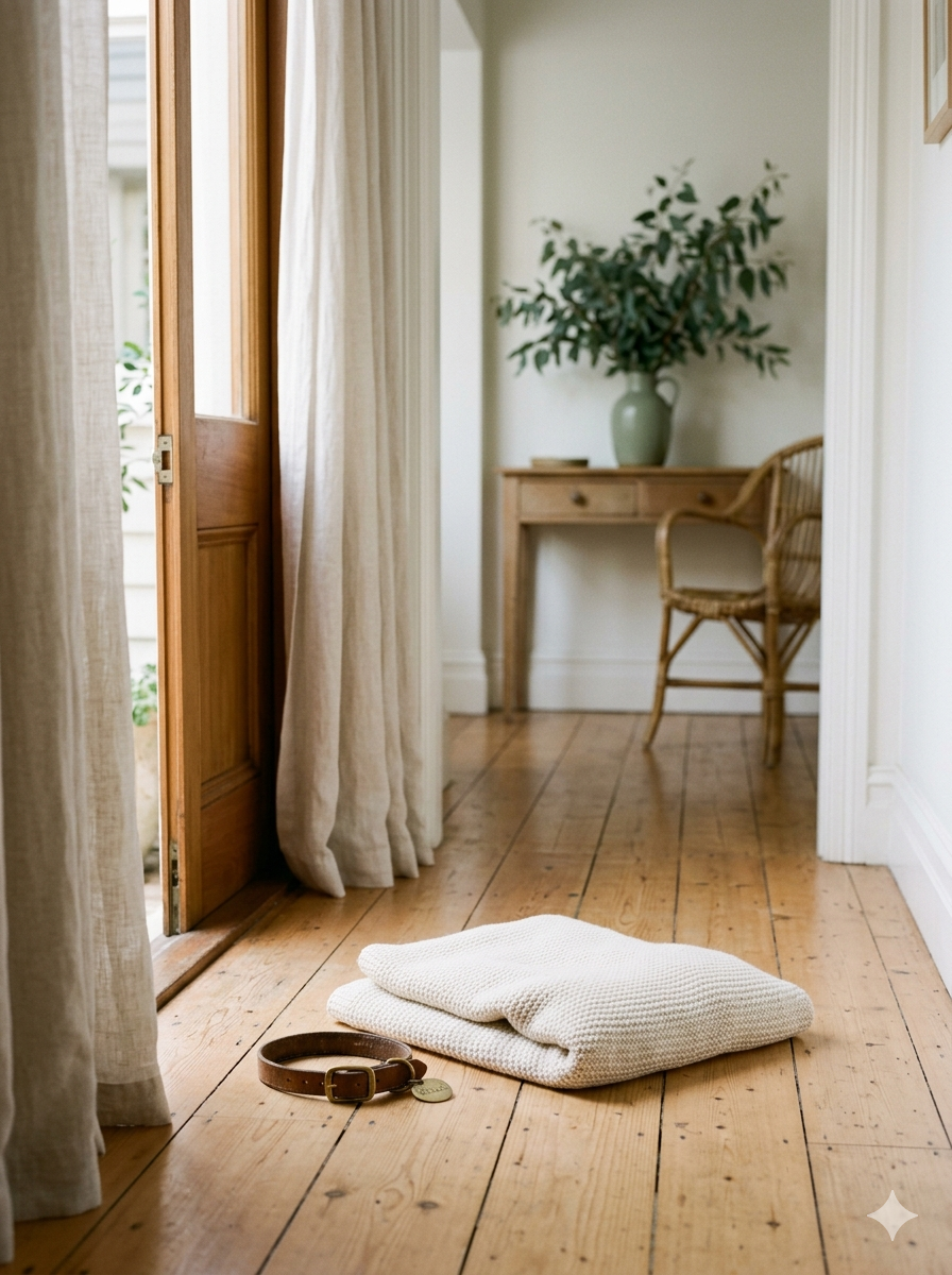 Quiet hallway with folded blanket and companion's collar — Removal Only