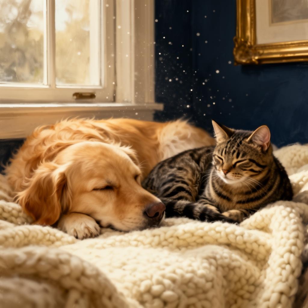 A golden retriever and a tabby cat resting together in soft window light
