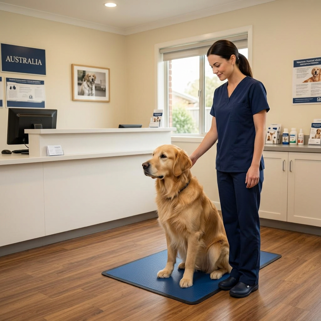 A veterinarian's hand resting on a calm older dog at home
