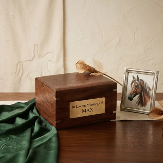 Heirloom Timber Tribute — solid Australian hardwood urn with antique brass corner detailing, beside a framed equine portrait